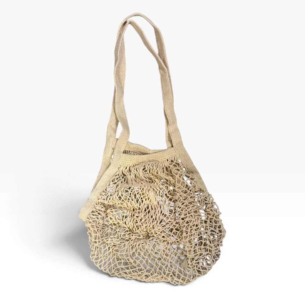 Beige Cotton Mesh Market Tote Bag French Style Net Grocery Beach Bag Neutral